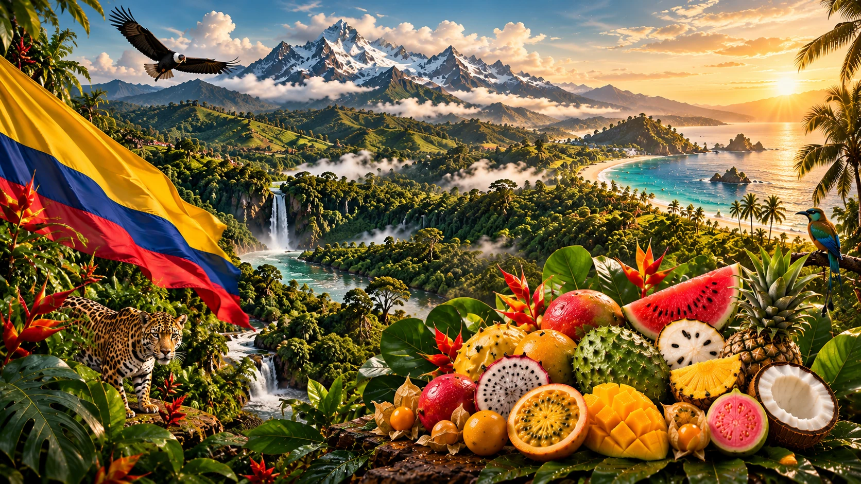 Bandera de Colombia, cóndor, jaguar, montañas, selva, mar y frutas tropicales