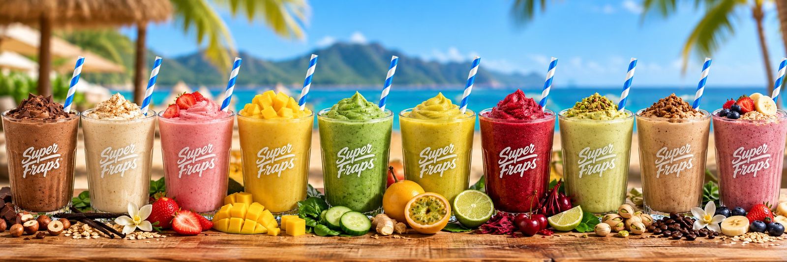 Línea de smoothies y malteadas Superfraps en la playa